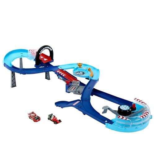 Mattel Disney und Pixar Cars Spielset mit 2 Spielzeugautos, Lightning McQueen und Francesco Bernoulli, GRC Sprung-Rennstrecke Trackset mit manuellem Beschleuniger, HXJ32 von Mattel