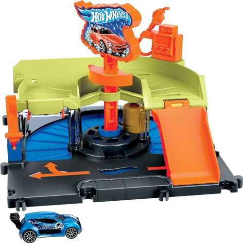 Hot Wheels City Express-Autowaschcenter Spielset mit 1 Hot Wheels Auto, kann mit anderen Spielsets und Tracks verbunden werden, Geschenk für Kinder im Alter von 4 bis 8 Jahren, HDR27 von Hot Wheels