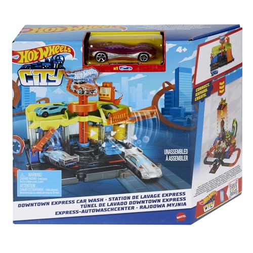 Hot Wheels City Express-Autowaschcenter Spielset mit 1 Hot Wheels Auto, kann mit anderen Spielsets und Tracks verbunden werden, Geschenk für Kinder im Alter von 4 bis 8 Jahren, HDR27 von Hot Wheels