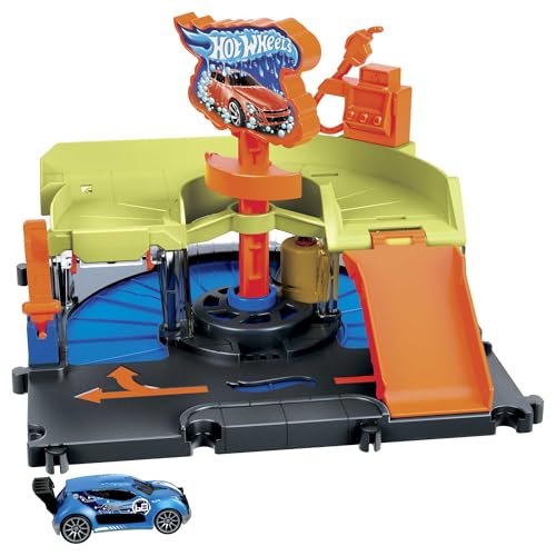 Hot Wheels City Express-Autowaschcenter Spielset mit 1 Hot Wheels Auto, kann mit anderen Spielsets und Tracks verbunden werden, Geschenk für Kinder im Alter von 4 bis 8 Jahren, HDR27 von Hot Wheels