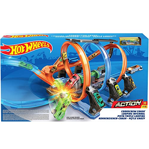 Hot Wheels Autorennbahn Korkenzieher, mit motorisierten Beschleunigern, 3 Looping Tracks und Kurven, inkl. 1 Spielzeugauto, Auto Spielzeug, Spielzeug ab 5 Jahre, FTB65 von Hot Wheels