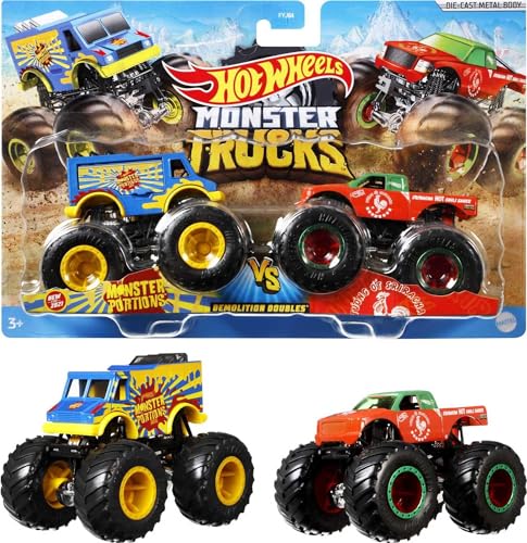 Hot Wheels Monster Trucks Demolition Doubles , 2er-Pack mit verschiedenen Modellen, ink. detaillierte Statistiken zur Stärke, riesige Räder und abgefahrene Details, Design kann variieren, FYJ64 von Hot Wheels