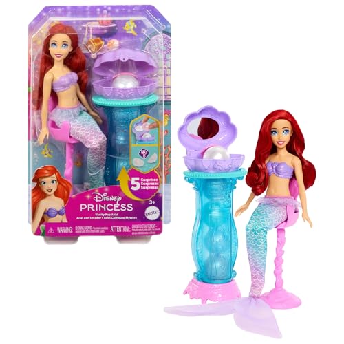 Mattel Disney-Princess-Spielzeuge, Schminkmuschel Meerjungfrau-Arielle-Modepuppe mit abnehmbarer Schwanzflosse, Schminktisch mit 5 wiederholbaren Pop-up-Überraschungen und 5 Accessoires, JBF86 von Mattel