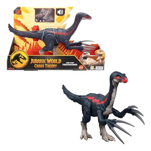 Mattel Jurassic World Chaostheorie Attacke und Brüllgeräusche Therizinosaurus Dinosaurier-Actionfigur, Klauenangriff und Brüllgeräusch, digitaler Spielspaß, JCG17 von Mattel