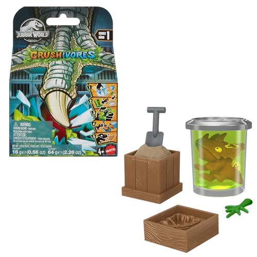 Mattel Jurassic World Crushivores Mini-Dinosaurier zum Auspacken, Spielfigur in Packung mit viel Zubehör und Überraschungen, Fütterspaß, HVB29 von Mattel