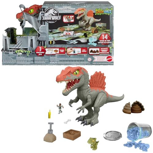 Mattel Jurassic World Käfigausbrecher Spinosaurus Dinosaurier-Actionfigur und Auspackspielzeug, Sand und Gel und Knete, Ausbruch, Suche und Rettung, HTP71 von Mattel