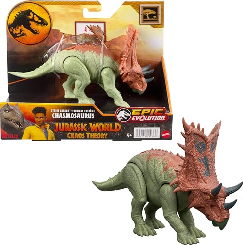 Mattel Jurassic World Strike Attack Dinosaurier Spielzeug mit Single-Strike Action & beweglichen Gelenken, Chasmosaurus Actionfigur inklusive digitalem Spiel von Mattel