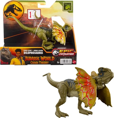 Mattel Jurassic World Strike Attack Dinosaurier Spielzeug mit Single-Strike Action & beweglichen Gelenken, Dilophosaurus Actionfigur inklusive digitalem Spiel von Mattel