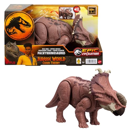 Mattel Jurassic World: Die Chaostheorie Netflix - Wild Roar Pachyrhinosaurus-Dinosaurierfigur mit kontinuierlichem Kopfstoß-Angriff und Brüllgeräusch, bewegliches Spielzeug, HTK72 von Mattel