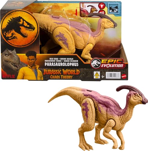 Mattel Jurassic World: Die Chaostheorie Netflix - Wild Roar Parasaurolophus-Dinosaurierfigur mit leuchtendem Biolumineszenz-Rückenlicht und Brüllgeräusch, bewegliches Spielzeug, HTK75 von Mattel