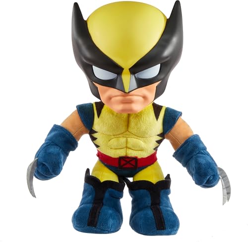 Mattel Marvel X-Men Plüschtier mit Geräuschen & Sprechen, '97 Wolverine Sammlerstück mit gelbem Anzug & Retro Animation Style von Mattel