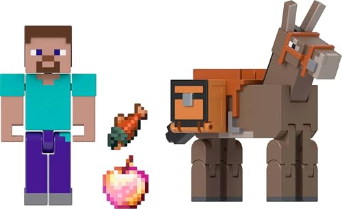 Mattel Minecraft Actionfiguren & Zubehör, 2er-Pack, Steve & Esel im 8,3 cm Maßstab, Sammelspielzeug-Set von Mattel