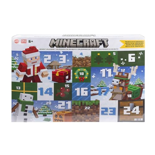 Mattel Minecraft-Adventskalender, 3 maßstabsgetreue, ca. 8 cm große Actionfiguren, einschließlich Weihnachtsmann, 17 Zubehörteile und 4 Aufkleber, pixeliges Design, HXM86 von Mattel