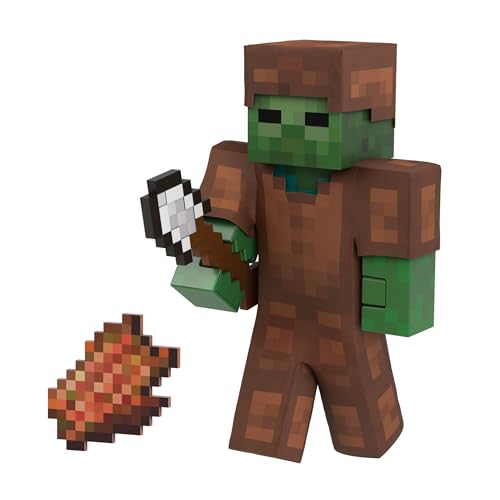 Mattel Minecraft Diamond Level-Zombie Actionfigur mit 4 Zubehörteilen, Sammelfigur, maßstabsgetreu zu einer 14 cm großen Figur und pixeliges Design HTM05 von Mattel