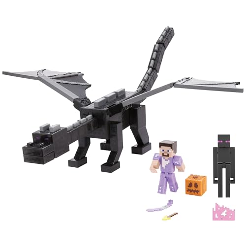 Mattel Minecraft Enderdrache Actionfiguren-Set, Lichter, Geräusche und Dunst mit Steve und Enderman, maßstabsgetreu zu ca. 8 cm großen Figuren HTN25 von Mattel