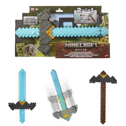 Mattel Minecraft Schwert-Spitzhacke 2-in-1-Spielzeug, per Knopfdruck wechselbar, Rollenspielzubehör, von Ein Minecraft Film inspiriert, JFR72, [Mehrfarbig] von Mattel