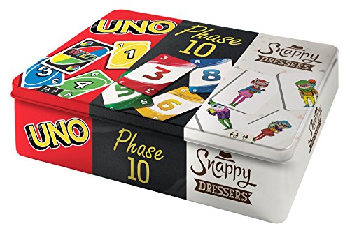 Mattel Games FFK01 - Kartenspiele Spielesammlung in Metalldose mit UNO, Phase 10, Snappy Dressers, Gesellschaftsspiele ab 7 Jahren, Mehrfarbig von Mattel Games