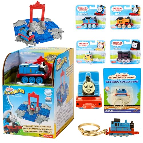 Mattel Thomas & Friends Spielzeugfiguren-Spielset, Druckguss-Schlüsselanhänger und Druckguss-Engine Figuren-Bündel – Set 5 – Rettungszentrum-Spielset, Druckguss-Schlüsselanhänger und 4 x von Mattel