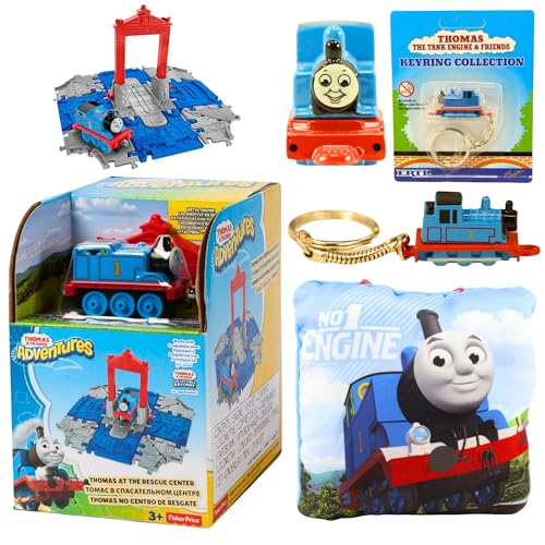 Mattel Thomas & Friends Spielzeugfiguren-Spielset, Schlüsselanhänger und Kissenbündel – Set 1 – Rettungszentrum-Spielset, Druckguss-Schlüsselanhänger und 12 cm Kissen Nr. 1 Motor von Mattel