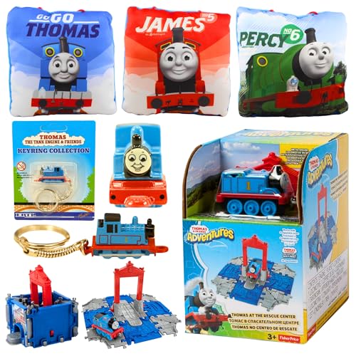 Mattel Thomas & Friends Spielzeugfiguren-Spielset, Schlüsselanhänger und Kissenbündel – Set 3 – Rettungszentrum-Spielset, Druckguss-Schlüsselanhänger und 3 x 12 cm große Kissen von Mattel