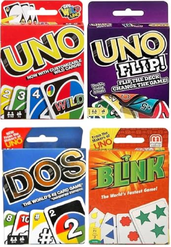 Mattel Uno, Flip, Dos und Blink Kartenspiel, Combo 4 Stück von Mattel