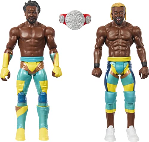 WWE HLL79 Set mit 2 beweglichen Figuren, Champions-Duell, The New Day, Kofi Kingston und Xavier Woods, Championtitel, 10 Gelenkpunkte, Spielzeug für Kinder, ab 3 Jahren von Mattel