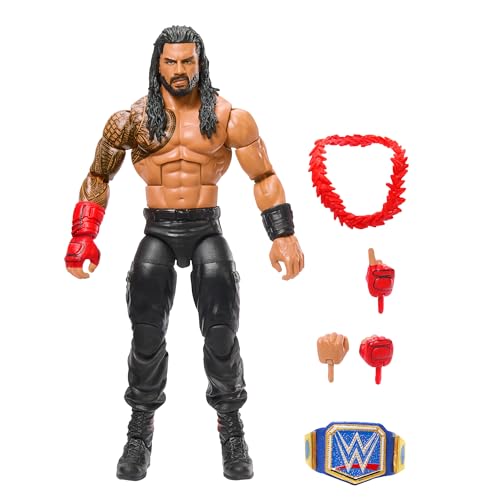 Mattel WWE Top Picks Elite Actionfigur- und Zubehörset, ca. 15 cm große Roman Reigns Sammelfigur mit austauschbaren Händen, Ringausrüstung und 25 Bewegungspunkten HWX34 von Mattel