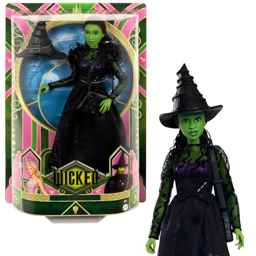 ​Mattel Wicked Elphaba-Modepuppe und Accessoires mit grüner Haut, geflochtenen schwarzen Haaren, verschiedene Posen möglich und ausziehbarer Ballkleid-Look, HXT62 von Mattel