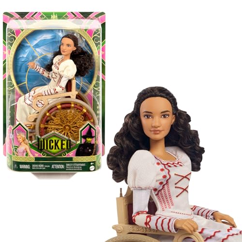 Mattel Wicked Nessarose-Modepuppe und Zubehör, einschließlich Rollstuhl, mit braunem, lockigem Haar, verschiedene Posen möglich und ausziehbarer Ballkleid-Look, HXY36 von Mattel