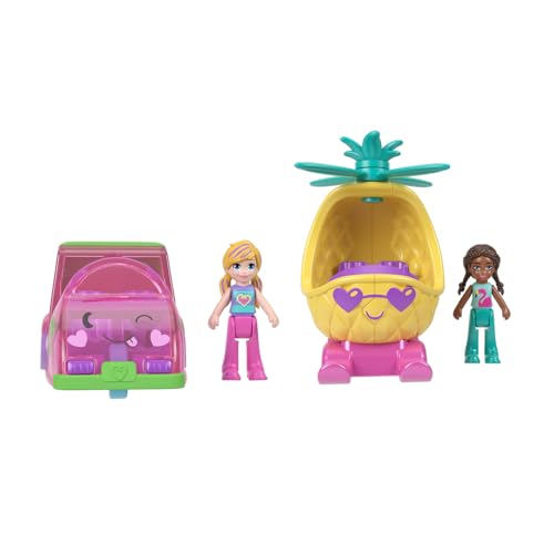 Polly Pocket Mikrofahrzeug und Puppen-Set, 2er-Pack, enthält Polly in einem Wassermelonen-Auto und Shani in einem Ananas-Hubschrauber von Mattel