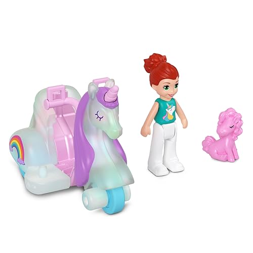 Polly Pocket Mini-Sammelfahrzeug-Set aus Metall, Puppe und Haustier – Einhorn Lila mit Einhorn Scooter Car und rosa Einhorn Sidekick Playset von Mattel