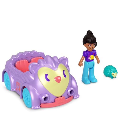 Polly Pocket Mini-Sammelfahrzeug aus Metall, Puppe und Haustier, Crissy Puppe mit konvertierbarem lila Igel und blaugrünem Igel-Begleiter-Set von Mattel