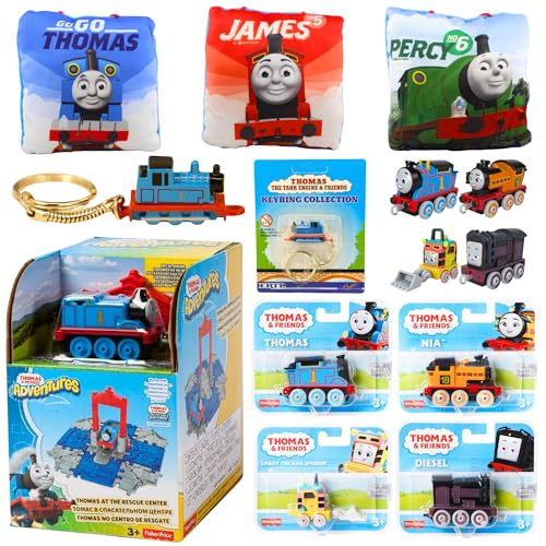 Thomas & Friends Spielzeugfiguren-Spielset, Druckguss-Schlüsselanhänger, Kissen und Druckguss-Engine-Figuren-Bündel – Set 1 – Rettungszentrum-Spielset, Druckguss-Schlüsselanhänger, 4 x von Mattel