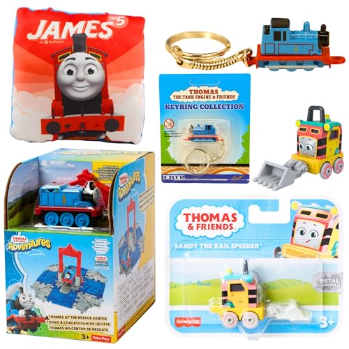 Thomas & Friends Spielzeugfiguren-Spielset, Druckguss-Schlüsselanhänger, Kissen und Druckguss-Engine-Figuren-Bündel – Set 12 – Rettungszentrum-Spielset, Druckguss-Schlüsselanhänger, von Mattel