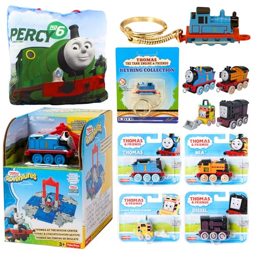 Thomas & Friends Spielzeugfiguren-Spielset, Druckguss-Schlüsselanhänger, Kissen und Druckguss-Motorfiguren-Bündel – Set 4 – Rettungszentrum-Spielset, Druckguss-Schlüsselanhänger, 4 x von Mattel