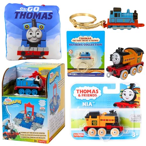 Thomas & Friends Spielzeugfiguren-Spielset, Druckguss-Schlüsselanhänger, Kissen und Druckguss-Motorfiguren-Bündel – Set 8 – Rettungszentrum-Spielset, Druckguss-Schlüsselanhänger, von Mattel