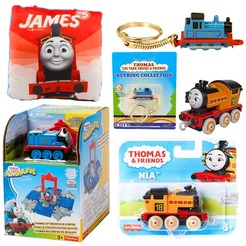 Thomas & Friends Spielzeugfiguren-Spielset, Druckguss-Schlüsselanhänger, Kissen und Druckguss-Motorfiguren-Bündel – Set 9 – Rettungszentrum-Spielset, Druckguss-Schlüsselanhänger, Nia von Mattel