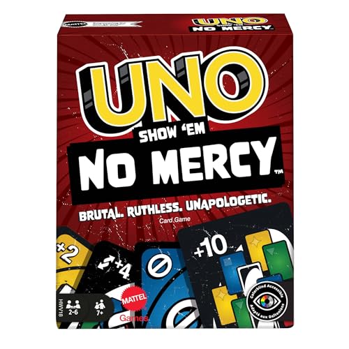 UNO Show 'em No Mercy - 56 zusätzliche Karten, harte Aktionskarten und brutale Spielregeln für die gnadenloseste Version, Stapelregel und Handkartentausch, ab 7 Jahren, HWV18 von Mattel Games