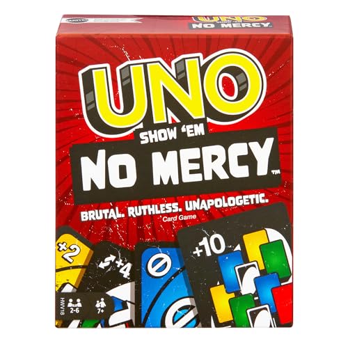 UNO Show 'em No Mercy - 56 zusätzliche Karten, harte Aktionskarten und brutale Spielregeln für die gnadenloseste Version, Stapelregel und Handkartentausch, ab 7 Jahren, HWV18 von Mattel Games