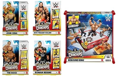 WWE Knuckle Crunchers Ultimate Wrestling; Komplettes Set mit 5 Originalfiguren & Rebound-Ring: The Rock, John Cena, Roman Reigns, Seth Rollins und Brock Lesnar von Mattel