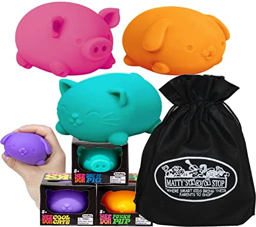 Schylling Nee Doh Cool Cats, Dig' It Pig & Funky Pup...Groovy, Squishy, Squeezy, Stretchy Stress Fidget Animals Geschenkset Bundle mit Aufbewahrungstasche – 3 Stück (sortiert) von Matty's Toy Stop