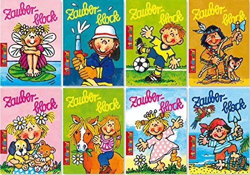 8 bunt durchmischte ZAUBERBLÖCKCHEN im Set // mit 8 Designs und je 24 Seiten in DIN A8 von Lutz Mauder // Plus 4 Buntstifte // Fußball, Feuerwehr, Pirat, Pferd, Miabella, Indianer Yanuk von Lutz Mauder