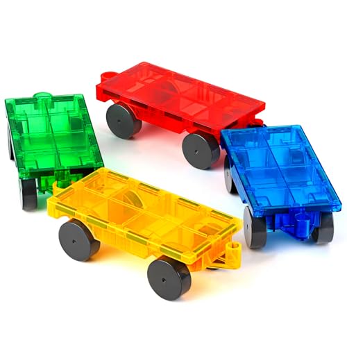 Magnetische Bauklötze Expansion Auto - 4 Grüne und gelbe magnetische Fliesen Auto Set Babyspielzeug, Magnet Bricks Truck Sensory Toys, Magnetic Construction Set für 3 4 5 6 + Jahre alte Jungen Mädchen von Mauikay