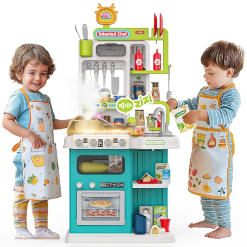 96-teiliges Küchen-Set für Kinder, Küche mit Sound und Licht, Küchenherd mit Dampf, Küchenzubehör, Spielspüle, Backofen, Küchenspielzeug Set für Jungen und Mädchen (Grün) von Max & Deril