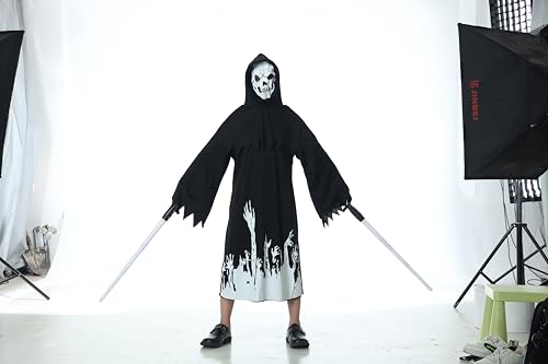 Halloween Sensenmann Kostüm Kinder mit 2 Stück Light Up LED Lichtschwert, Fluoreszierende Grim Reaper Schwarzes Gewand, Mädchen Jungen für Thema Party Maskerade Rollenspiel Cosplay L von Maxee