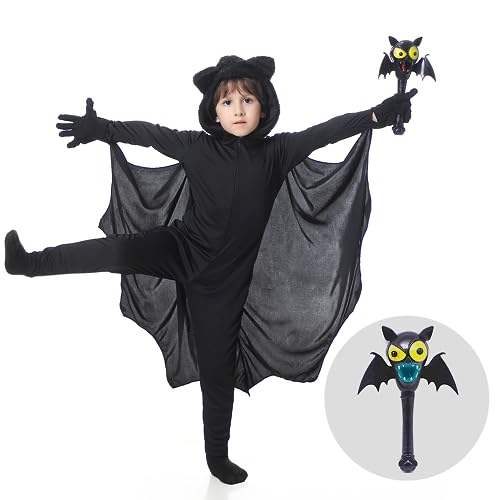 Maxee Halloween Fledermaus kostüm Kinder mit Light Up LED Zauberstab, Halloween Child kostüm mit großen Fledermausflügeln und pelziger Kapuze für Mädchen Jungen in Halloween Thema Party Cosplay 130 von Maxee