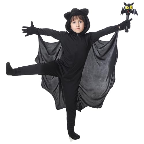 Maxee Halloween Fledermaus kostüm Kinder mit Light Up LED Zauberstab, Halloween child kostüm mit großen Fledermausflügeln und pelziger Kapuze für Mädchen Jungen in Halloween Thema Party Cosplay 110 von Maxee