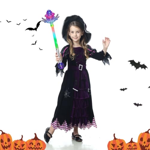 Maxee Halloween Hexen Kostüm Mädchen mit Light Up LED Zauberstab, Kinder Hexenkostüm Set, Zauberer Verkleiden Kostüm, Halloween Hexenkleid Mädels lila Kleid für Fasching Thema Karneval Party Cosplay M von Maxee