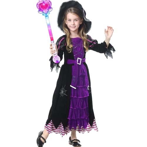 Maxee Halloween Hexen Kostüm Mädchen mit Light Up LED Zauberstab, Kinder Hexenkostüm Set, Zauberer Verkleiden Kostüm, Halloween Hexenkleid Mädels lila Kleid für Fasching Thema Karneval Party Cosplay S von Maxee