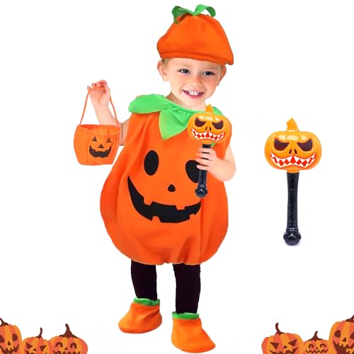 Maxee Halloween Kürbis Kostüm Kleinkind mit Light Up LED Zauberstab und Süssigkeiten Beutel, Baby Kinder Kürbis Kostüm Set mit Hut Socken, Mädchen Jungen für Halloween Thema Party Cosplay 3-7 Jahre von Maxee